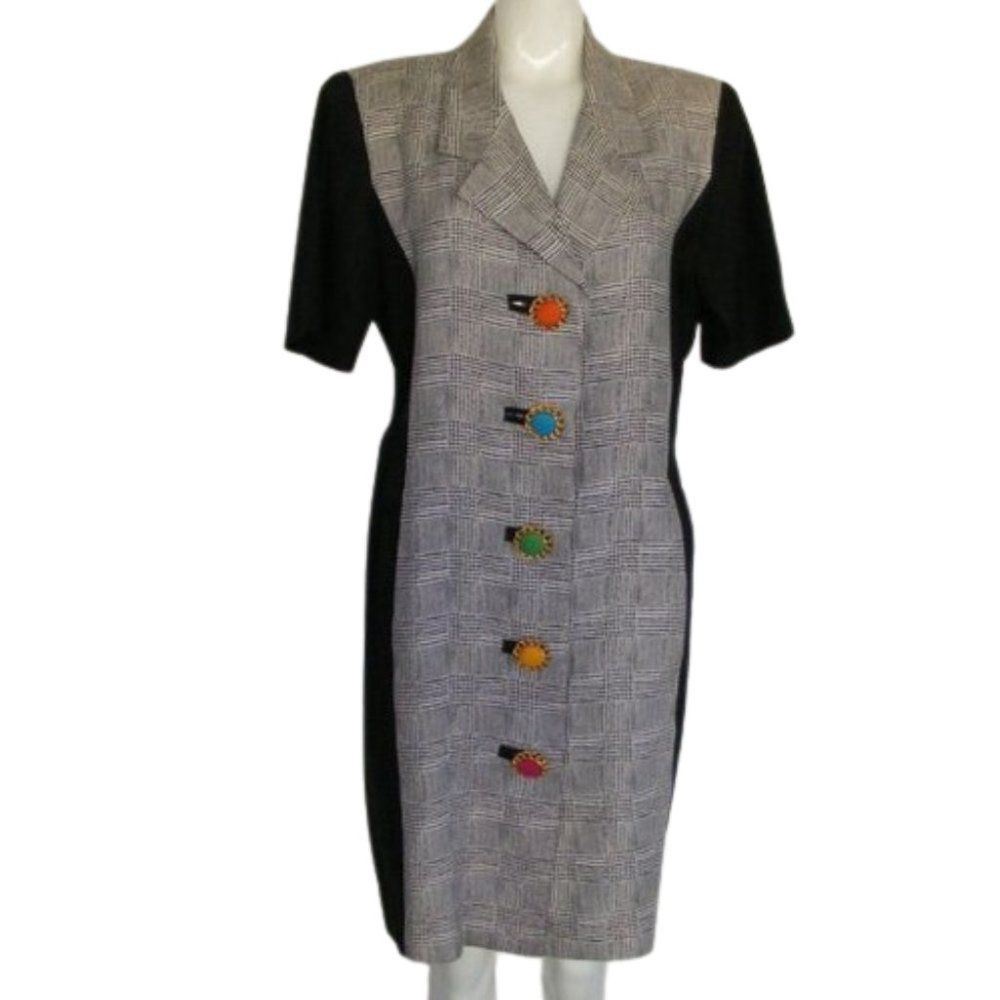 RICKIE FREEMAN/Teri Jon Dress, L, Houndstooth, Colorful Buttons,Black/Gray plaid - Picture 11 of 11